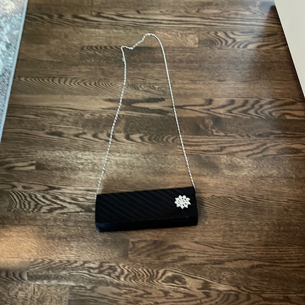 Formal black satin purse with silver rhinestone detail